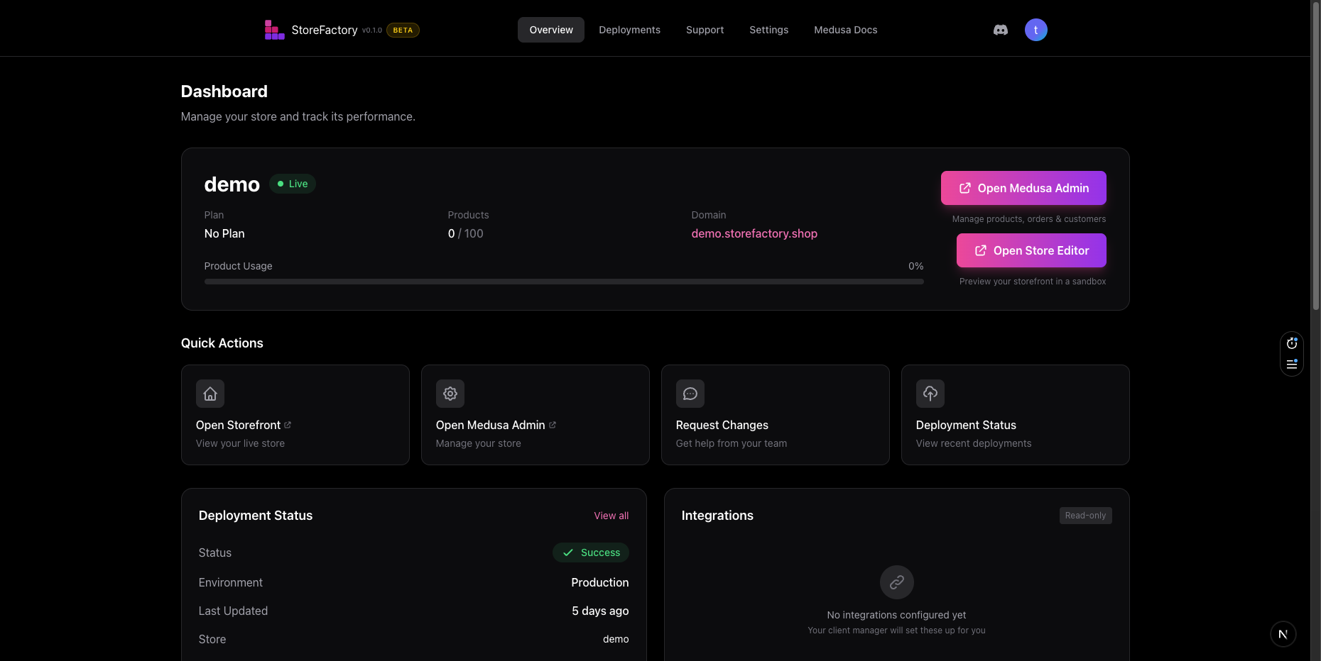 StoreFactory dashboard overview