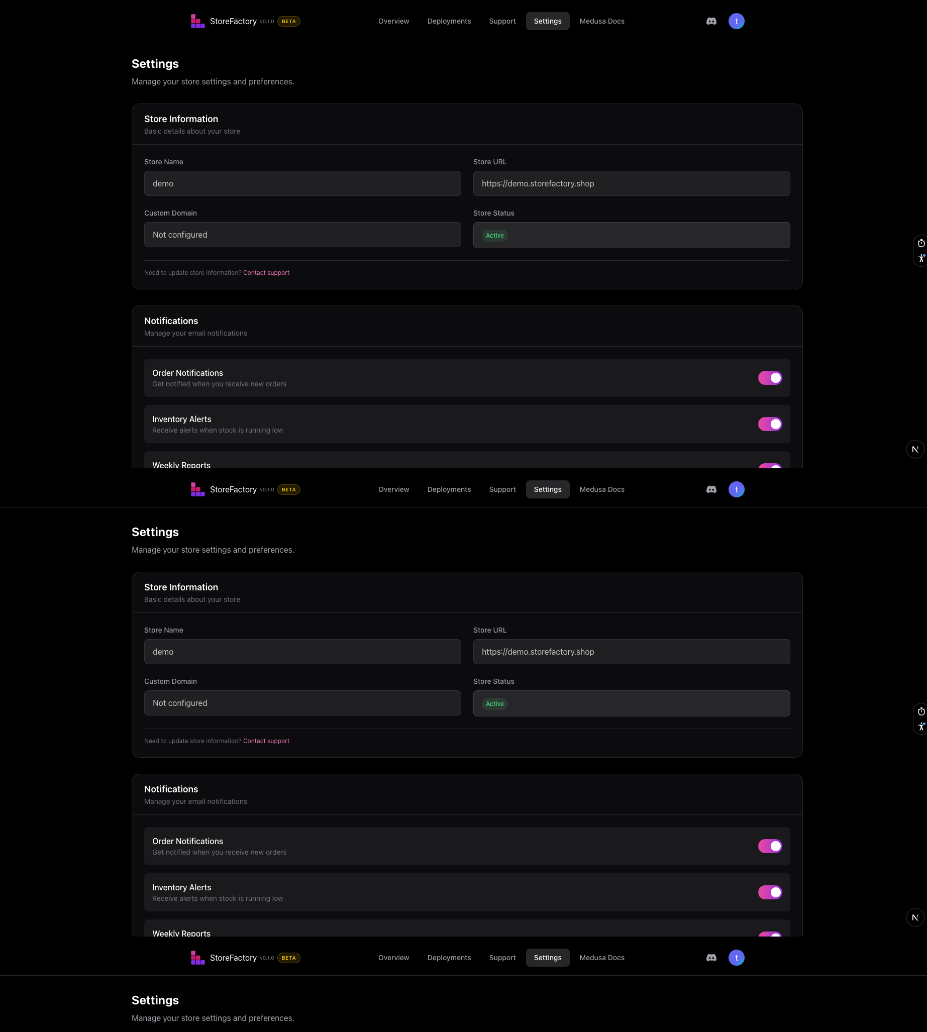 StoreFactory dashboard overview
